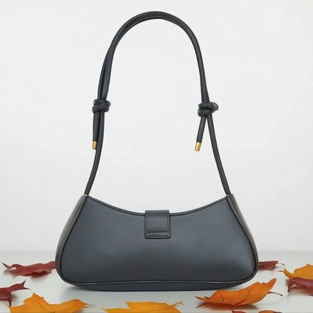 Trendy Minimalist Black Baguette Shoulder Bag With Gold Buckle Accent - Picture 5 of 11